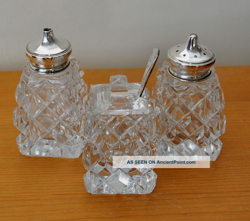 Art Deco Cut Glass & Silver Salt Pepper And Mustard Pot Hallmarked1939 Salt & Pepper Cellars/ Shakers photo