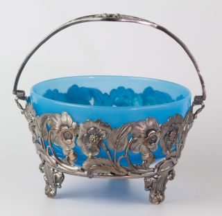 Antique Victorian Blue Turquoise Glass Bowl In Repousse Silver Frame Gorgeous photo