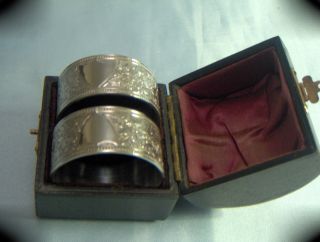 Stunning Victorian Cased Set 2 Silvered Highly Ornate Bright Cut Napkin Rings photo