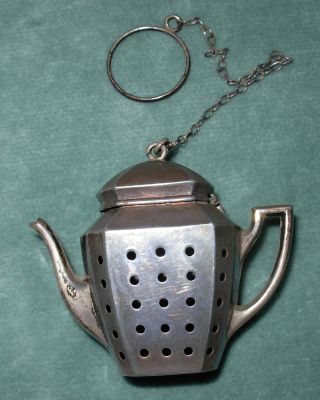 Antique Sterling Silver Miniature Hinged Teapot Tea Infuser Strainer photo