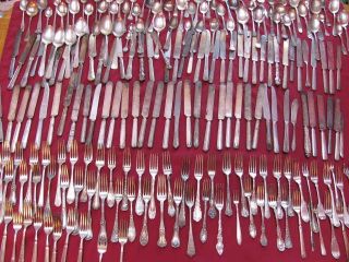 Antique Silver Plate Flatware 225 Forks Knives Spoons photo