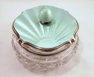 Large Sterling Silver Guilloche Enamel And Cut Glass Powder Jar Birmingham 1931 photo