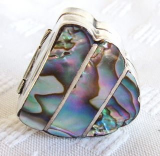 Antique Vintage Sterling Silver.  925 & Abalone Paua Shell Hinged Pill Snuff Box photo