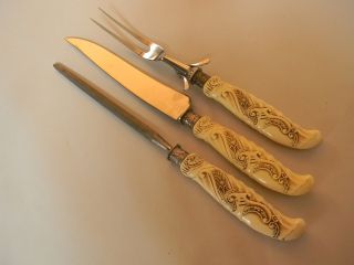Antique 1917 Universal Sterling / Carved Handles 3 Pc Carving Set photo