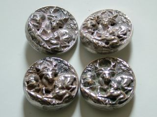 Set Of 4 Silver Gilt Antique Embossed Stag And Dogs Buttons photo