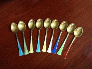 Set Of Nine Denmark Sterling Silver Enamel Colored Spoons photo