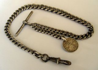 Antique 1906 English Hallmark Silver Graduated Albert Pocket Watch Chain & Fob photo