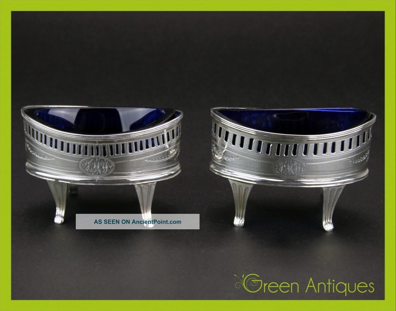 Antique 19thc Georgian Solid Silver & Glass Salts,  T Wheatley,  Newcastle C.  1800 Bowls photo