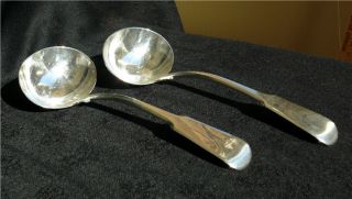 Pair London English Sterling Silver Fiddle Gravy Ladles Crossley & Smith,  1809 photo