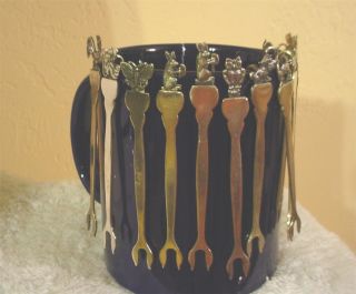 Vintage 12 Silver (900?) Hors D ' Oeuvre Forks + Hook For Your Glass Animal Heads photo