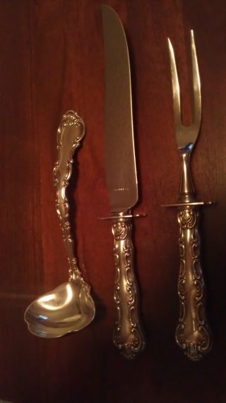 Gorham Strasbourg Sterling Silver Carving Knife And Fork And Gravy Ladle photo