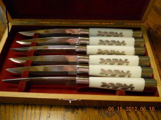 Sterling Silver Inlay Set Of 6 Steak Knives With Bakelite Handles Estate Find photo