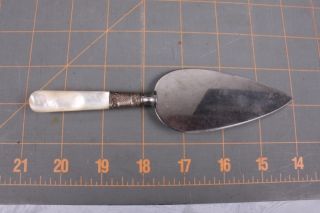 Fine Antique Cheese Serving Knife English Mother Of Pearl Handle Sterling Cuff photo