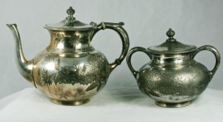 Tea Pot & Sugar Bowl W Lid Etched Meriden Britannia Co Silverplate 1972 Antique photo