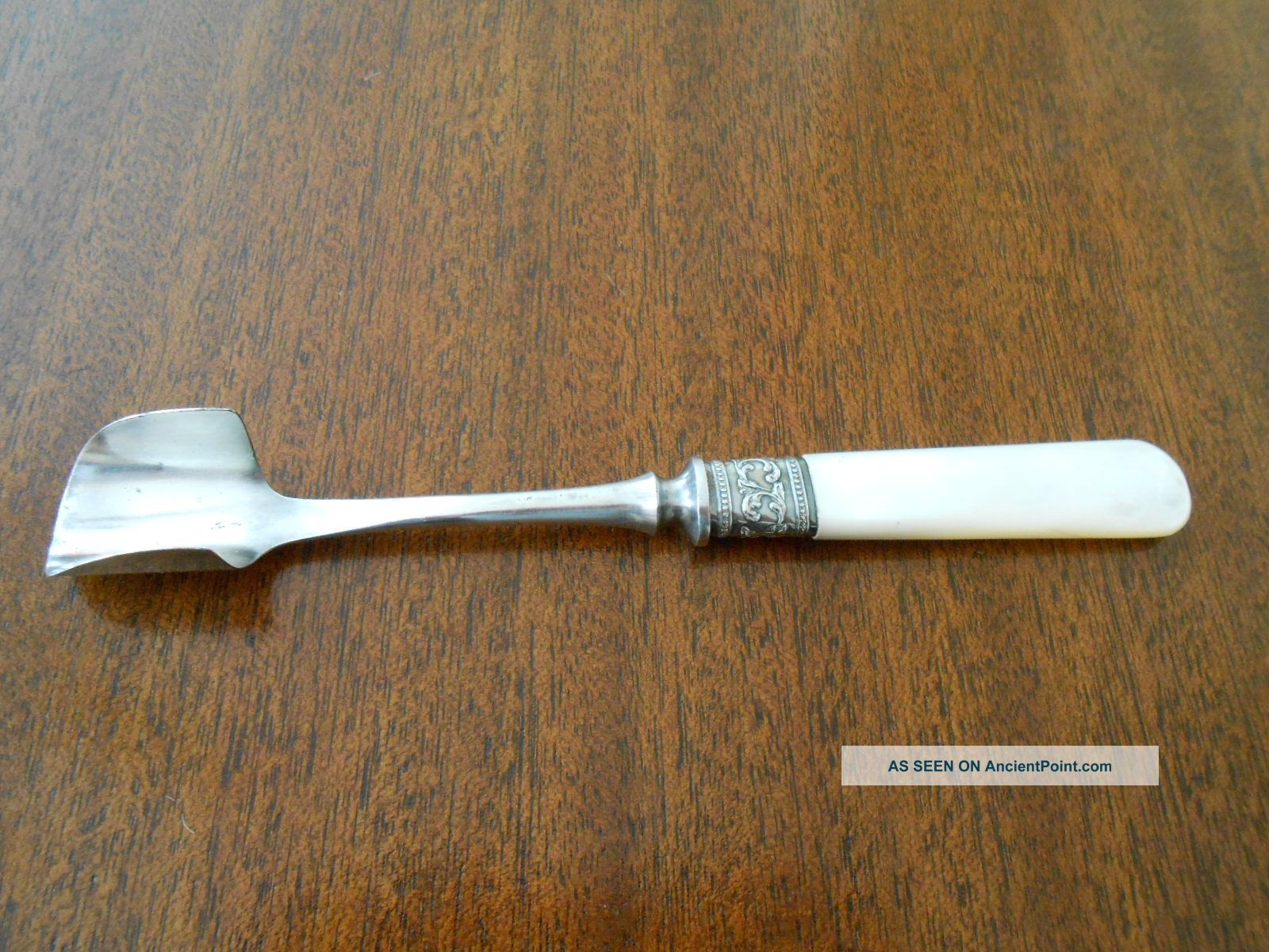 Antique Victorian Marrow/cheese Scoop Mother Of Pearl & Sterling 7 1/4 