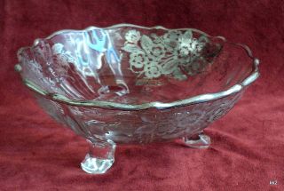 Antique Sterling Silver Overlay Roses On Pressed Glass Bowl With Feet - Estate photo