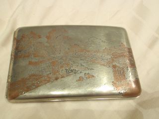 C1910 Silver Japanese Cigarette Case Niello Copper Inlay Outside & Inside photo