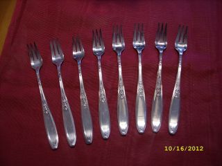 8 1847 Rogers Bros Cocktail Forks Silver Plate,  Internation Silver photo