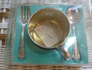 Vintage Wm.  A.  Rogers Silverplate Chalice Pattern Baby Set,  Cup,  Spoon,  Fork,  Unused photo