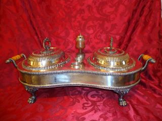 Antique Regencey Sheffield Silver Plate Entree Serving Tray Sterling Mustard Pot photo