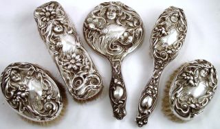 Fine Art Nouveau Continental Silver 5 Piece Dressing Table Set - 1900 photo