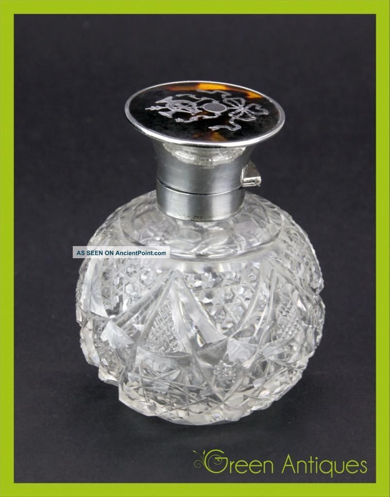 Antique 20thc Solid Silver,  Faux Tortoiseshell & Cut Glass Perfume Bottle C.  1912 Uncategorized photo