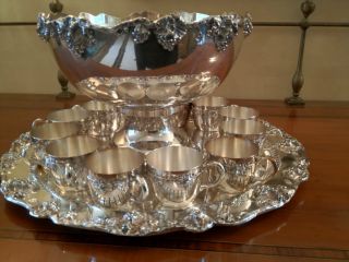 F B Rogers Antique Large Punch Bowl/ Tray/ 12 Cups; 1883 Crown Mark Silver Plate photo