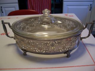 Vintage Oval Pyrex Casserole Dish With Silver Plated Holder 7 1/2 