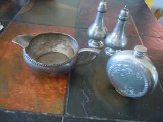 Pewter Flask And Shakers,  Wallace Creamer - Silverplate photo