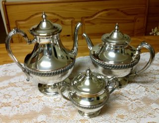 Antique Lehman Bros Silverplate Footed Tea & Coffee Pots & Sugar Bowl W/lid photo