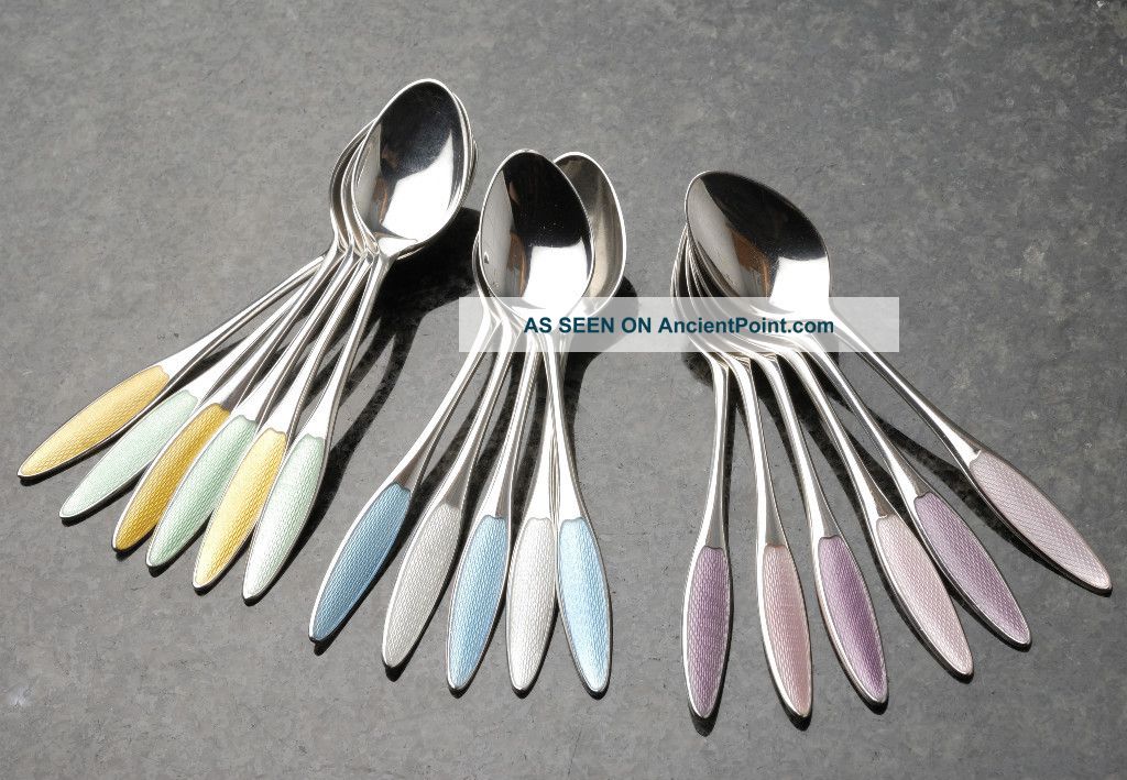 5 Frigast Denmark Sterling Silver Enamel Guilloche Spoons.  Mixed Colours.  Lot C Scandinavia photo