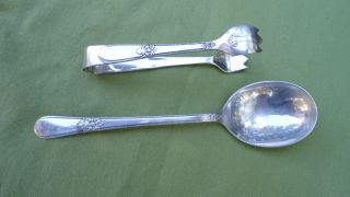 1847 Rogers Bros.  Is Silver Plate Adoration Sugar Tongs/round Soup Spoon Is photo