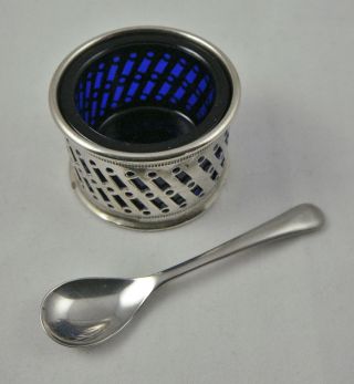 Lovely Vintage Bsc Pierced Silver Epns Lined Open Salt Cellar Pot Cruet & Spoon photo
