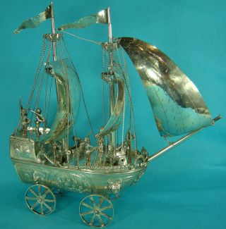 Rare English Sterling Silver Neff Galleon Ship Cannons Sails Pairpoint Bros 1919 photo