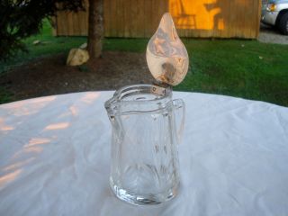 Antique Watson Sterling Silver/cut Frosted Glass Honey/syrup Pitcher,  Carved Bee photo