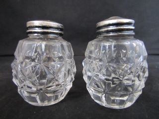 American Pair Of Sterling Silver Tipped Faceted Cut Glass Salt & Pepper Shakers photo