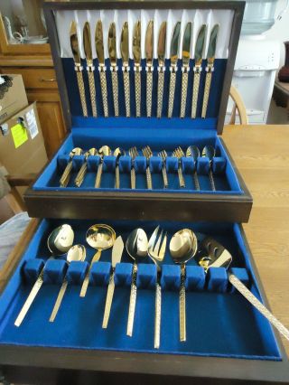 Lot 8 Place Settings 58 Pc Vintage Gold Tone Trocadero Stainless Hanford Forge photo