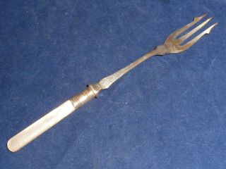 Lovely Antique Edwardian Silver Plated Pickle Fork With Mother Of Pearl Handle photo