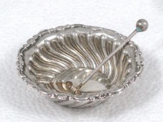 Late Victorian Sterling Silver Salt Cellar Or Sauce Dish & Spoon From Birmingham photo