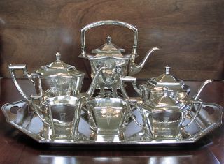 247oz Hand - Hammered International Sterling Silver Tea Service And Waiter photo
