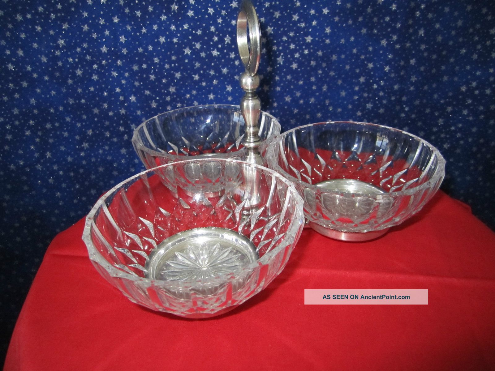 Signed Italian 3 Section Crystal Relish Dish W/ Silver Plated Stand & Bowl Dishes & Coasters photo
