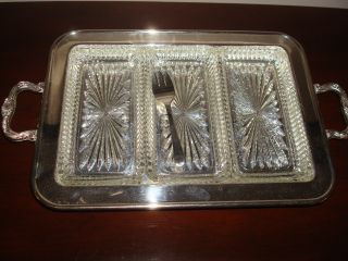Vintage Leonard Silver Serving Tray With Glass Inserts & 2 Forks photo