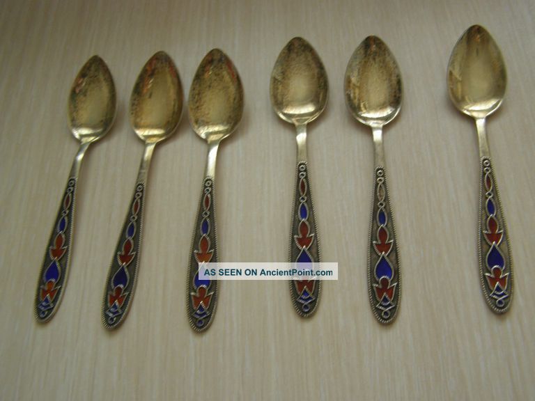 Set Of 6 Vintage Soviet Ussr Silver 0.  875 Gold Plated&enameled Tea Spoons Russia photo
