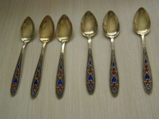 Set Of 6 Vintage Soviet Ussr Silver 0.  875 Gold Plated&enameled Tea Spoons photo