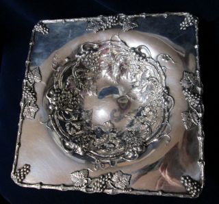 Spectacular Antique Silver Square Footed Bowl Grapes Meriden Terrific Detail photo