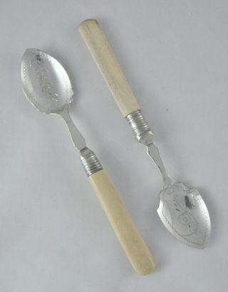 Rare Pair Ornate Chased Antique Silver Epns & Bone Jam Preserve Spoons photo