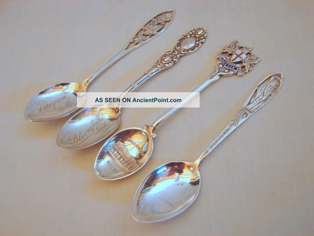 4 Miniature Sterling Silver Souvenir Spoons,  Excellent,  Niagara,  Estes,  London Souvenir Spoons photo