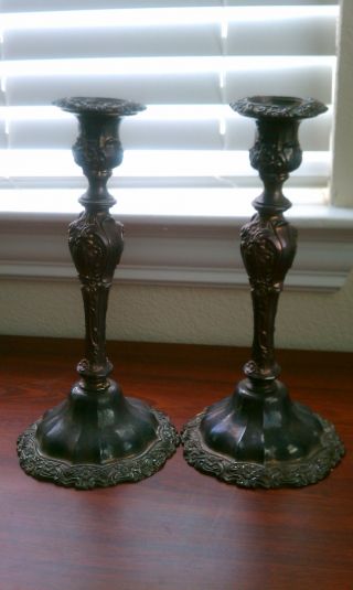 Vintage Pair (2) Silver Plated Candlesticks Patina Ornate Victorian photo