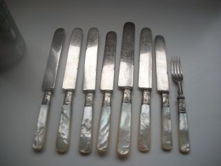 Antique Mother Of Pearl Handle Sterling Collar Bread Knives 1 Fork Knife Old photo