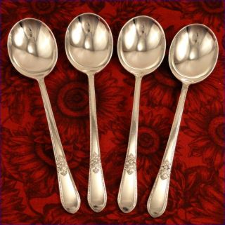 1847 Rogers Adoration Set 4 Cream Round Soup Spoons 1939 Art Deco Silver Plate photo